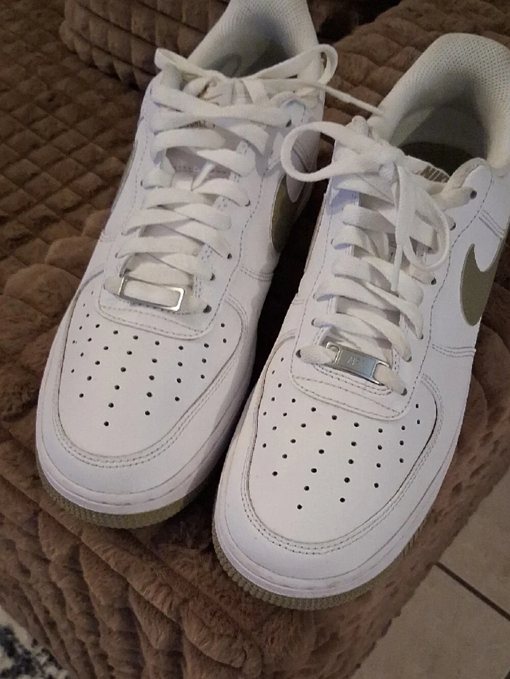 Nike White Low-Top Athletic Sneakers with Olive Swoosh